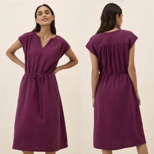 Pact Coastal Double Gauze Tie Waist Midi Dress in Sangria Size S Organic
